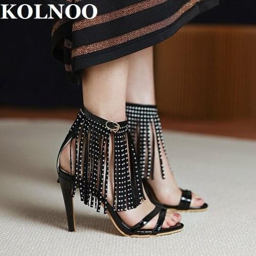 KOLNOO New Handmade Ladies High Heeled Sandals Fringed&Tassels Sexy Party Prom Shoes Buckle Strap Evening Fashion Daily Shoes