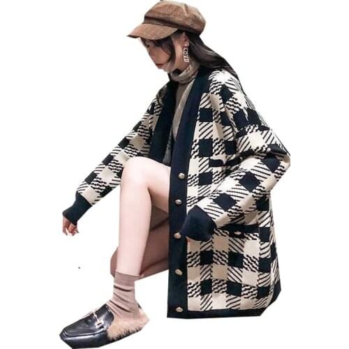 2021 Autumn Womens New Long Sweater Plaid Knitted Oversize Cardigan V-Neck Loose Korean Fashion Single-Breasted Top Coat