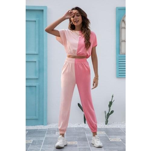 DAILOU 2 Two Piece Set Women Patchwork O Neck Tshirt And Long Pants Set Casual Summer Short Sleeve Women Tracksuit Pants Suit