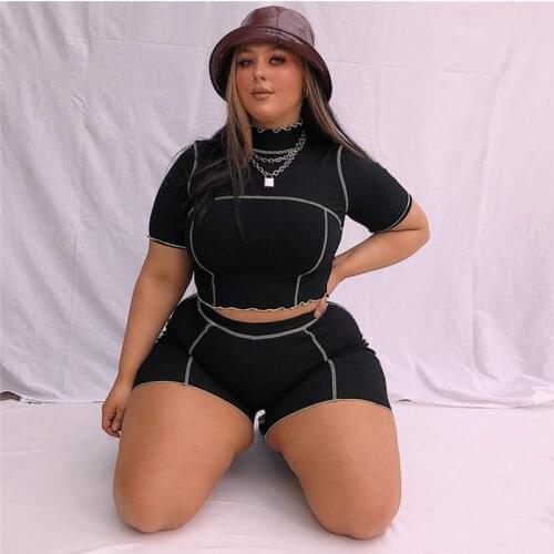 Plus Size Women Summer Sports Suit Black Yoga Sets Summer Casual Short Sleeve Lace High Collar Crop Top+High Waist Shorts L-4XL