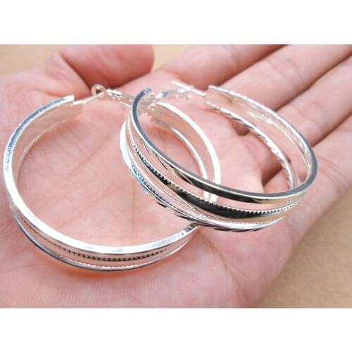 925 Silver colorMultiple connections Simple Smooth Ear Ring Big 40MM Circle Female Earrings Wholesale Fashion