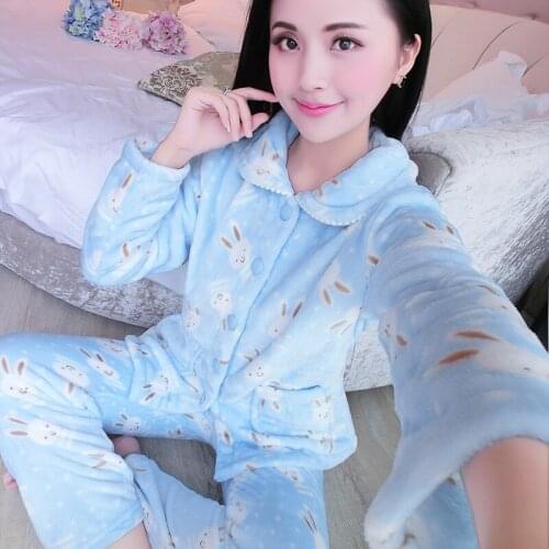 H5739 Winter Ladies Flannel Pajamas Women Warm Long Sleeve Turn Down Collar Home Clothing Suit Thickened Coral Fleece Nightwear