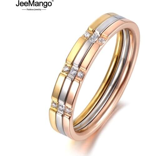 JeeMango 3 In 1 Colorful Gold Mosaic CZ Crystal Rings Jewelry Titanium Steel Wedding Engagement Ring For Women Girls JR19055