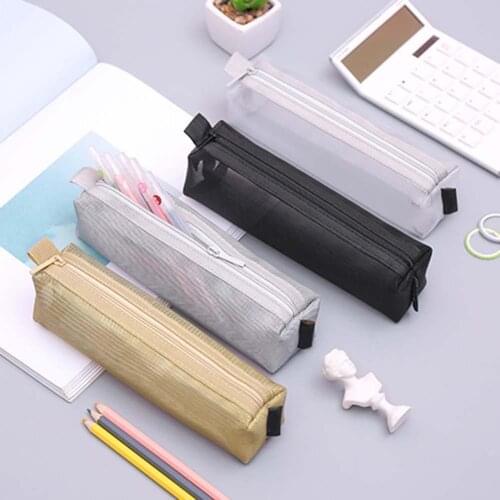 Pencil Bags Unisex Simple Solid Color Zipper Transparent Mesh Pencil Case Pen Storage Bag School Supplies
