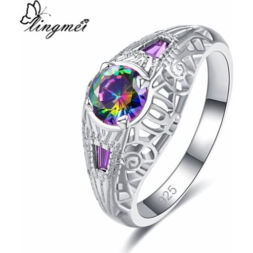 Lingmei Generous Trendy Style Women Men Round Cut Multi & White & Blue & Purple Zircon Silver Color Ring Size 6-9