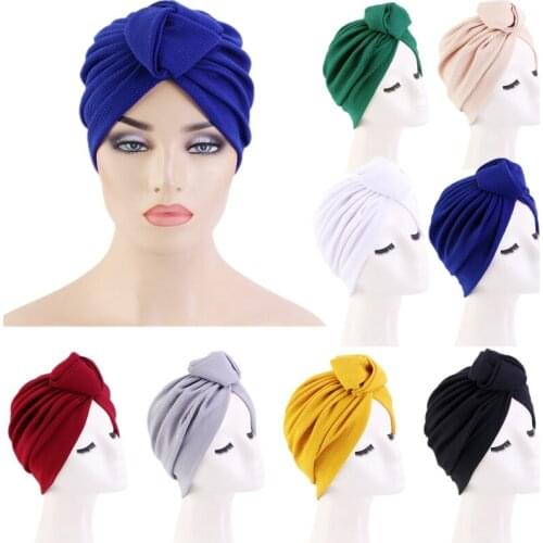 Fashion Woman Indian Hat Solid Color Knotted Turban Hat Wrapped Hair Hat Chemo Cap Ethnic Caps Bandana Dubai Holiday Hat Casual