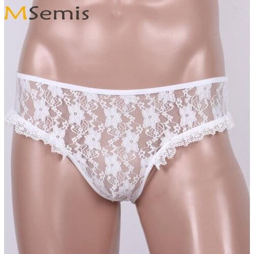 Men Sissy Cheeky G-string Briefs Erotic Open Crotch Panties Sexy See Through Sheer Floral Lace Lingerie Gay Crotchless Underwear