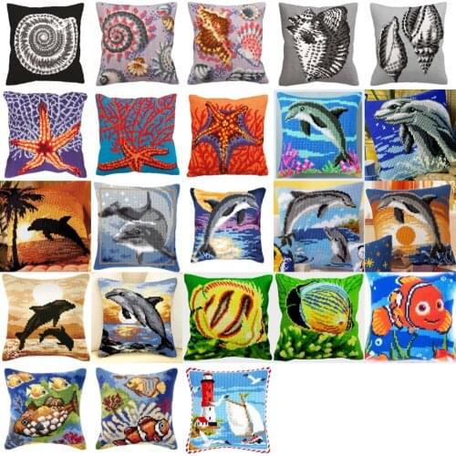 Oneroom DIY Needlework Kit Acrylic Yarn Embroidery Pillow Tapestry Canvas Cushion Front Cross Stitch Pillowcase fish