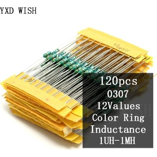 1/4W Inductor Assortment Kit 0307 0.25W 1UH-1MH Color Ring Inductance 1R 100K 220K 470K 105K 101K Inductors Set 12Valuesx10pcs