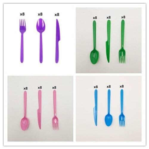 24pcs/set Green pink purple Spoons Forks Knives Disposable Tableware Set
