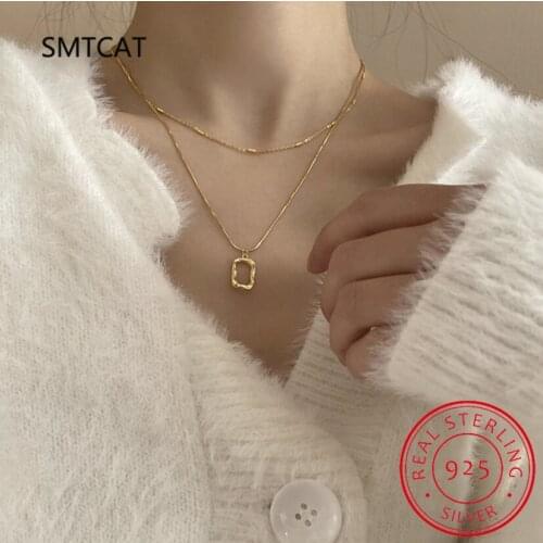 2021 Collier Double-layer Chain Necklace for Women 925 Silver Geometric Square Pendant Necklace Trendy Choker Necklaces Jewelry
