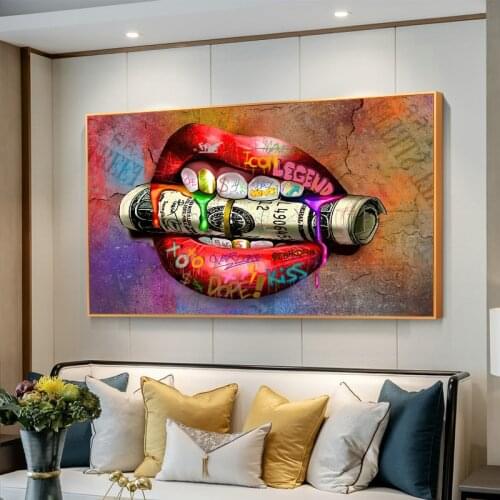 Money Dollar In Mouth Posters Prints on Canvas Painting Graffiti Cuadros Decorative Wall Art Picture for Living Room Home Decor