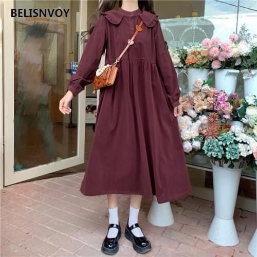 Japanese Mori Girl Kawaii Autumn Winter Dress Peter Pan Collar Girls Solid Loose for Female Vintage Elegant Corduroy Vestidos