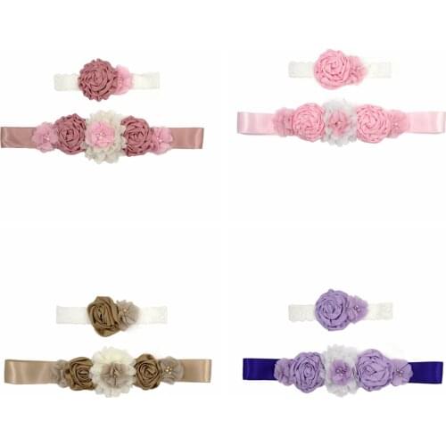 Fashion Handmade Satin Flowers Sash and Headband Set Hand Sewning Chiffon Floral Women Belts Adjustable Maternity Waistband