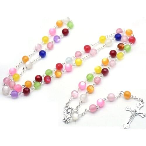 QIGO Religious Pray Jewelry Mixed Colors Resin Rosary Necklace Long Jesus Cross Pendant Necklace For Men Women