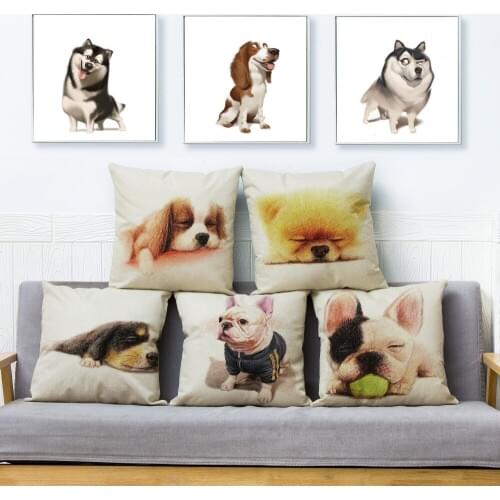 Cute Cartoon Husky Samoyed Bulldog Pillow Cover 45*45cm Linen Cushion Cover Sofa Pillow Case Home Decor Animal Dog Pillowcase