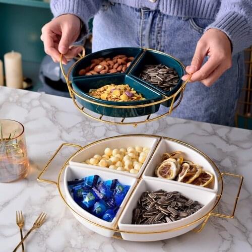 Nordic Snacks Nuts Dry Fruit Plate Glass Cover Living Room Platter Ceramic Plate Iron Fruit Plate With Grid Plate
