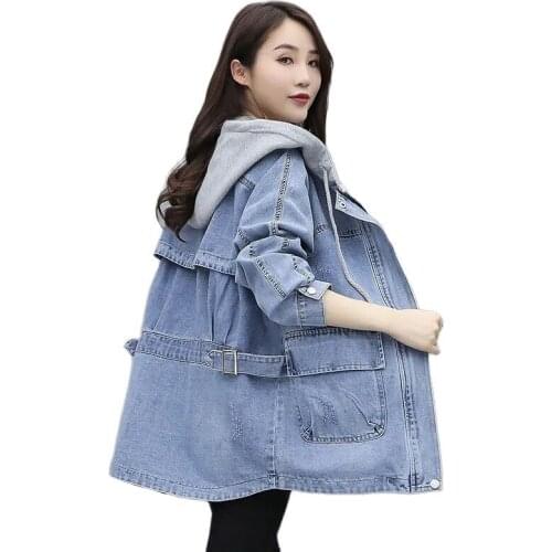 Womens Denim Jacket Spring Autumn New Hooded Jacket Mid Long Student Loose Casual All-Match Windbreaker Ladies Denim Outerwear