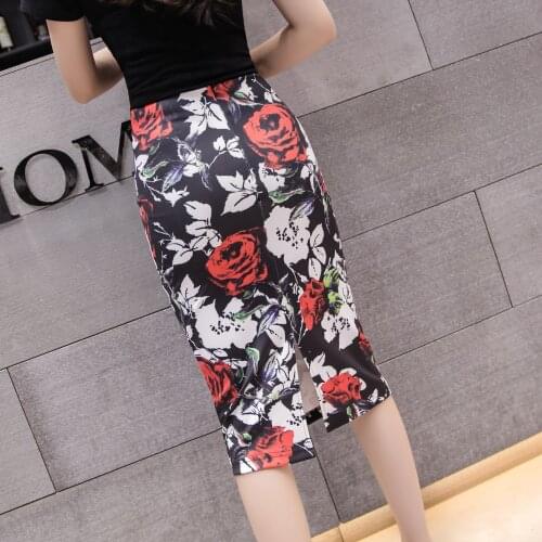 Floral Print Elastic High Waist Pencil Skirts Midi Skirt Women Printed OL Work Wear plus size short skirt