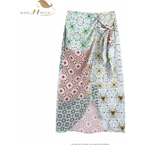 2021 fashion chic women with totem knot print midi wrap vintage skirt high waist slit hem womens mujer skirts SP1420