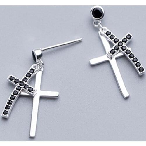 Trendy Punk Cross Earrings 925 Sterling Silver Earrings For Women Long Black Cubic Zirconia Statement Girl Gift Jewelry