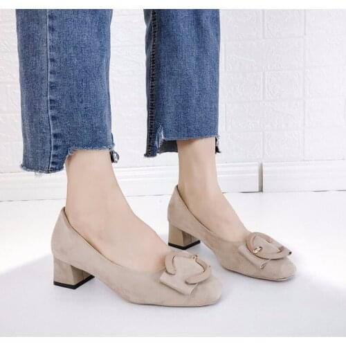 2020 Spring Autumn New Women Shoes Woman Pumps Square Head Round Buckle Thick Heels Casual Shoes Slip on Shallow Ladies Shoes