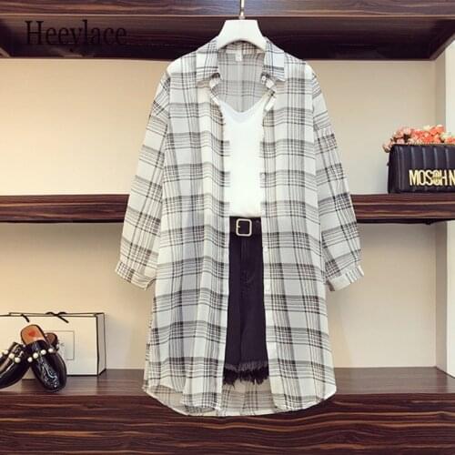 Plus size women streetwear 3 Piece Set Plaid Long sleeve Sunscreen Shirts + Knitted Vest + Hole Denim Shorts Sets korean suits