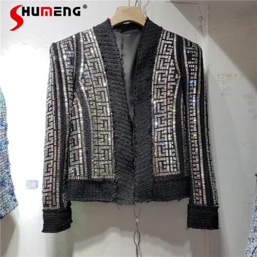 2021 Autumn New Fashion European Style Rhinestone Long Sleeve Suit Jacket Women Solid Color Streetwear Cardigan Outerwear&coats