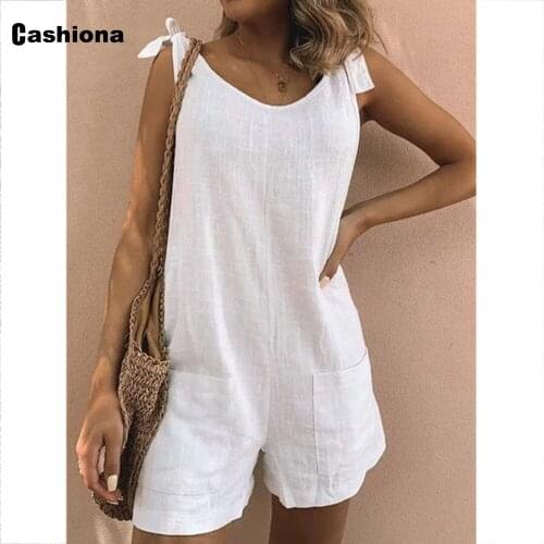 Cashiona Plus Size 3xl Women Linen Playsuits Sexy Overalls Ladies One Piece Bodysuit Casual Lace-up Romper 2021 Summer Jumpsuits