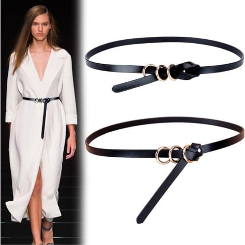New Genuine Leather women thin belts sweater dress decorate knotted small strap belt solid cowskin round gold buckle waistbands