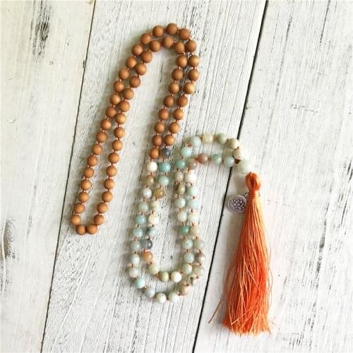 108 Mala Beads Necklace 8MM sandalwood & Amazonite Necklace Orange Tassel Necklaces Woodbeads Meditation Jewelry