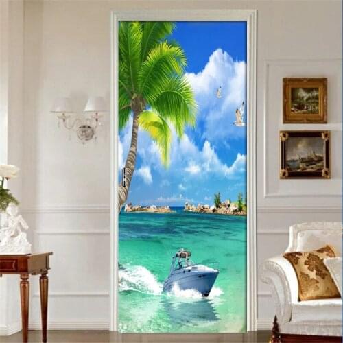 2 Pcs/Set Creative DIY 3D Wall Door Stickers Sea View Wallpaper Living Room Bathroom PVC Waterproof Self-Adhesive Door 3D Decals