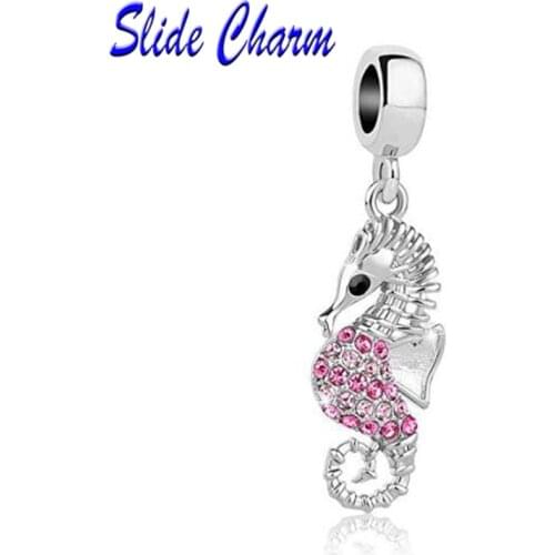 2019 Silver Plated Cute Pink Crystal Seahorse Pendant Charm Beads Fit Pandora Women Diy Bracelets Bangles Jewelry