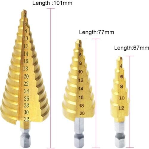 3Pcs Metric Spiral Flute The Pagoda Shape Hole Cutter 4-12/20/32mm HSS Steel Cone Drill Bit Set Step Sharpening Power Tools