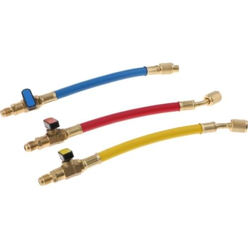 3 x Color Coded R410a A/C Short Charging Hoses Refrigerant Copper Ball Valve