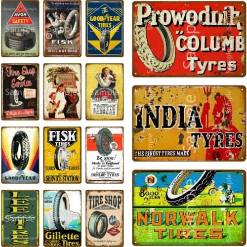 Motor Car Bicycle Tires Metal Sign Fisk India Tyres Wall Decor For Bar Pub Man Cave Decorative Plate Garage Wall Decor YL084