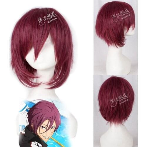 Free Iwatobi Swim Club Rin Matsuoka Cosplay Wig Short Straight Auburn Wigs Bangs For Party Synthetic Hair+Wig Cap