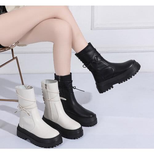 2020 Autumn New Fashion Ankle Boots Lace Up Zipper Boots Woman Platform PU Leather Shoes Female Cool Ladies Botas Mujer 35-43
