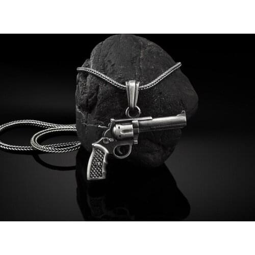 Pure tin pistol tag Man chain necklace retro style weapon Jewelry on the neck revolver pendant necklace men