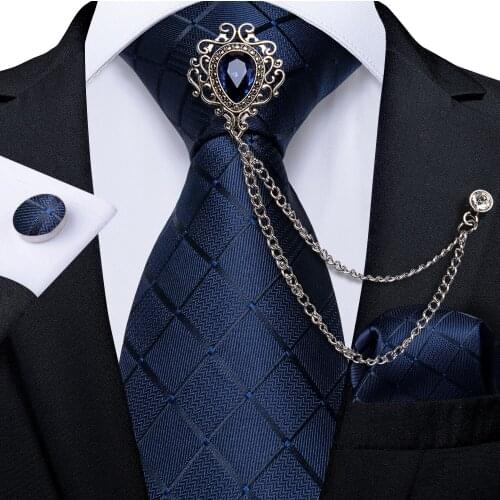 Mens Ties 8cm Blue Plaid Silk Tie Set Luxury Brooch Chain Pocket Square Cufflinks Gift For Men Business Wedding Necktie DiBanGu