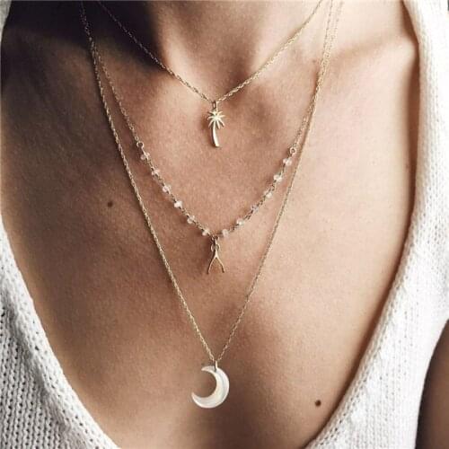 F378 personalized multi-layer clavicle chain alloy big moon ing bone coconut pendant womens suit Necklace