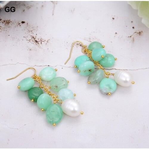 GuaiGuai Jewelry Natural Green Chrysoprase Cultured White Rice Pearl Hook Dangle Earrings