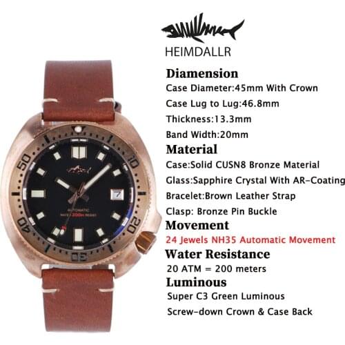 Heimdallr New Arrival Mens Mechanical Watch CUSN8 Brozne Case Sapphire Waterproof Automatic Self-Wind NH35 C3 Luminous Watch