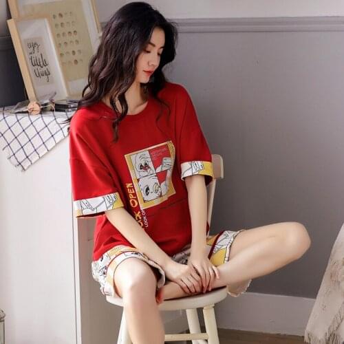Cotton O-neck Pullover Homewear Summer Short Sleeve Top + Shorts Women Pajamas Sets Funny Cartoon Manga Kawaii Girls Sleepwear