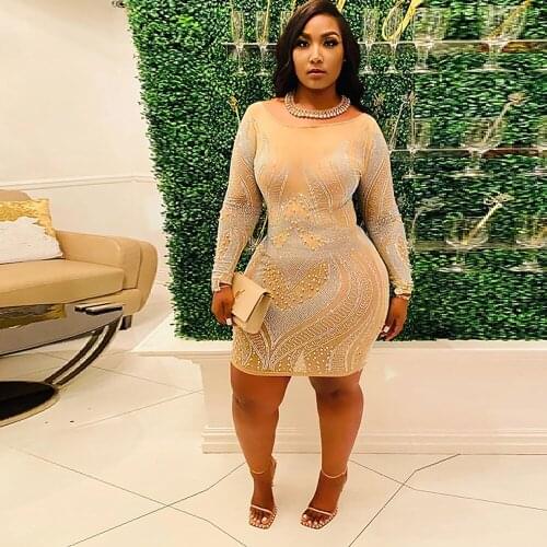 Khaki Beading Rhinestones Spliced Club Dress Women Scoop Neck Full Sleeve Party Wear Dresses Sexy Fall Birthday Midnight Dress