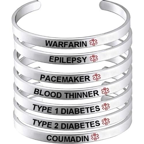 Creative Red Medical Alert Cuff Bracelet Women EPILEPSY DIABETES SOS Open Bangles Fashion Slim Stainless Steel Bangle Jewelry