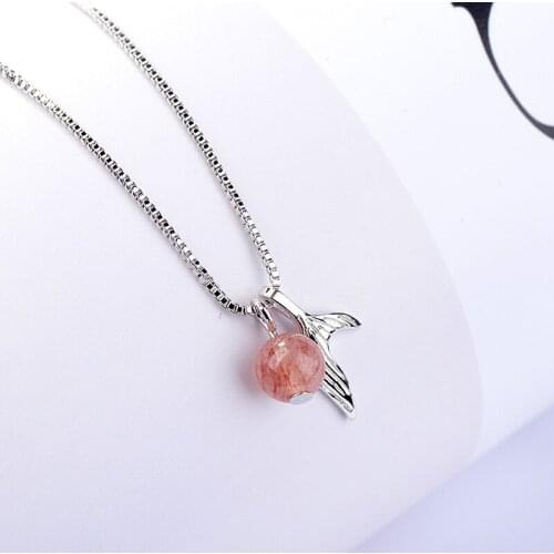 Fashion 925 Sterling Silver Natural Strawberry Crystal Beads Necklace For Women Chain Dolphins Whale Fish Tail Necklace Jewery