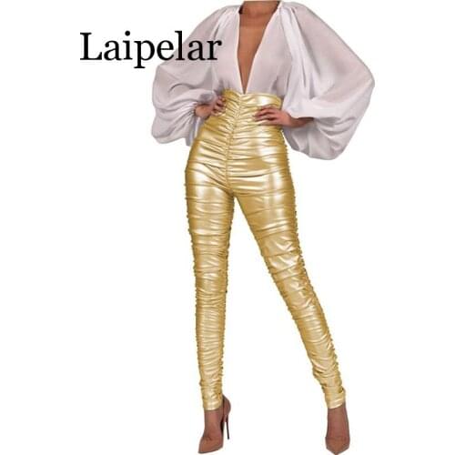 Fashion Night Club Ruched PU Leather High Waist Pants Women Gold Back Zipper Trousers Women Autumn Sexy Pencil Pants