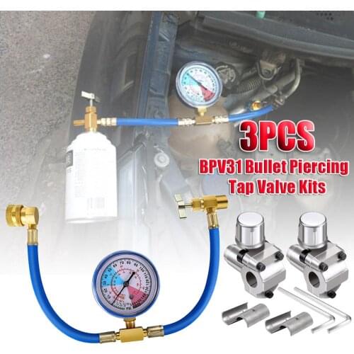 3pcs BPV31 Bullet Piercing Tap Valve Kits U-Charging Hose Refrigerant Tap With Gauge R134a Can To R12/R22 Port AC 1/2