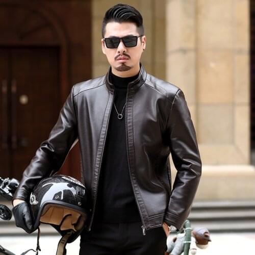 Autumn and winter 2021 new Haining slim fit short stand collar jacket mens middle aged leather coat